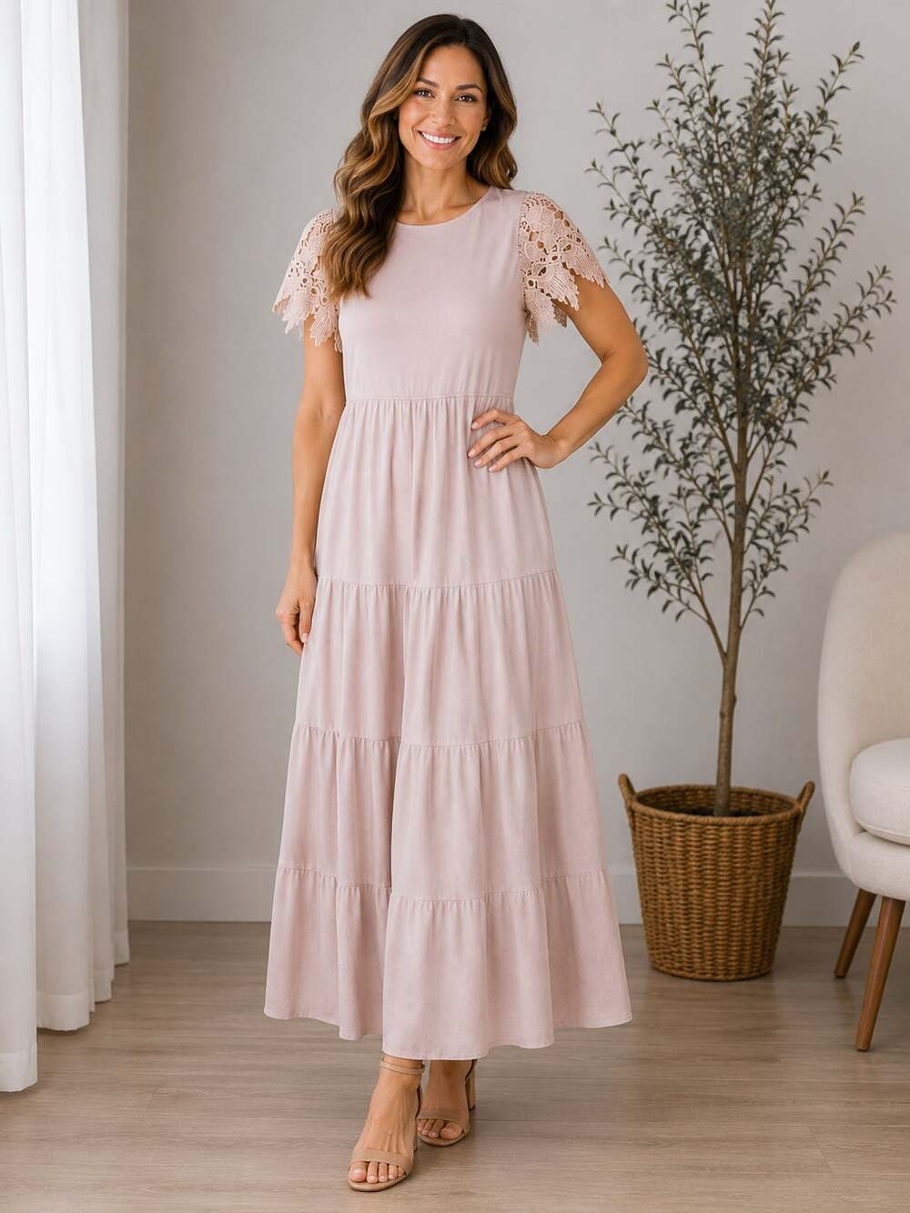 Böhme Pink Tiered Maxi Dress Lace Flutter Sleeves Boho Lined XL